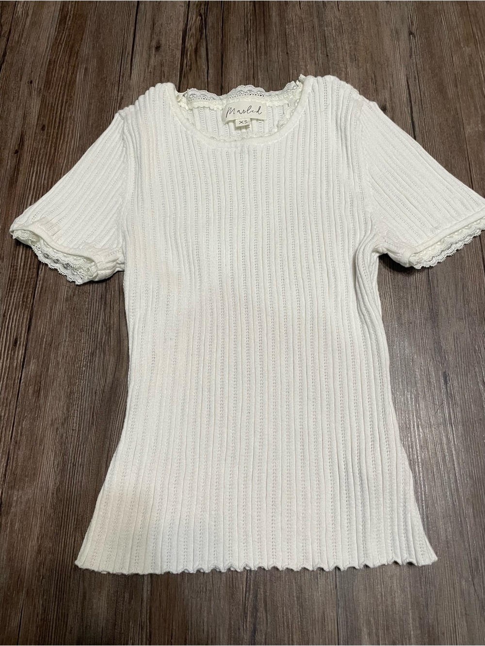 Women's Cream Ribbed Lace-Trim Short Sleeve Top